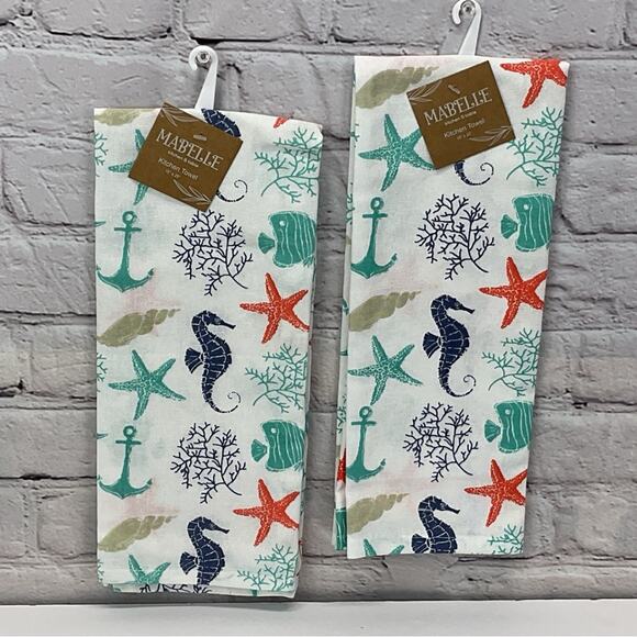 Nautical Beach Theme 4 Piece Kitchen Set 2 Dish Towels 1 Pot Holder 1 Oven Mitt - Picture 2 of 12